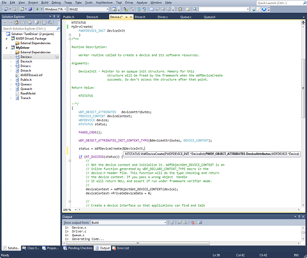 Figure 1 - Driver Writing in Visual Studio with the Win8 WDK