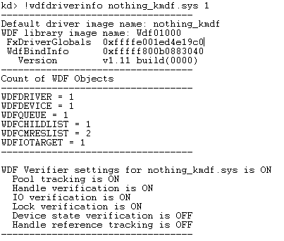 Figure 1 -- Using !WDFDRIVERINFO to show WDF Verifier options 