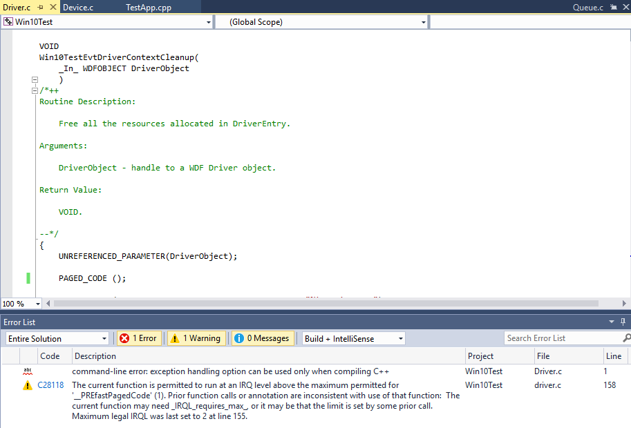 Figure 2: But EvtCleanup for WDFDRIVER *is* called at IRQL PASSIVE_LEVEL