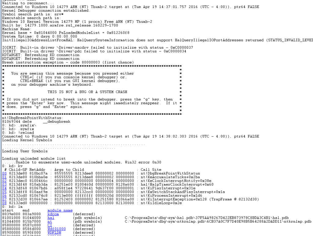 WinDbg Connected to the RPI 3