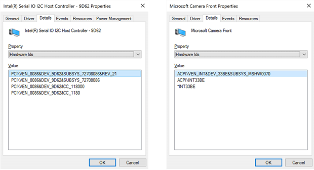 Figure 3 — Hardware IDs for the Controller Device and Client Device (Camera) - Note the Bus Driver names on each 