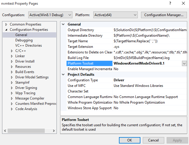 Figure 1—Using VS 2015…but building drivers with the VS 2013 tools 