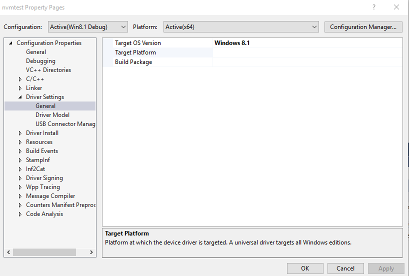 Figure 2—Windows 10 WDK Driver Properties 